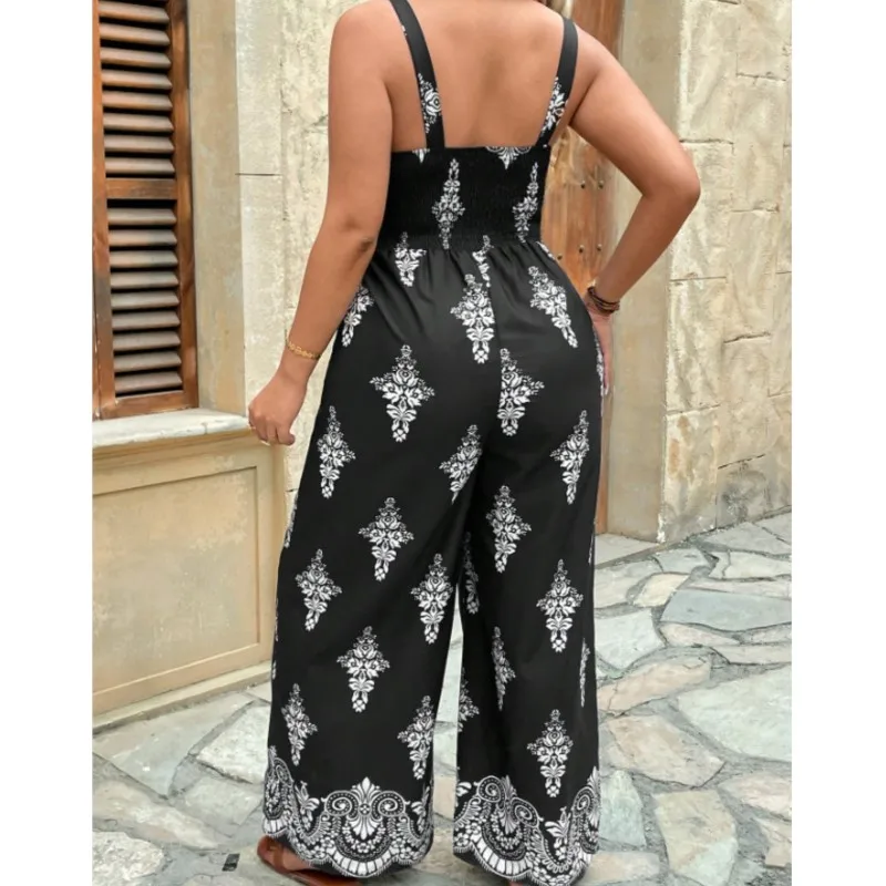婦人服新しい夏のセクシーな背中の開いた気質エレガントなノースリーブプリントボヘミアンタンクワイドレッグパンツジャンプスーツ女性のための