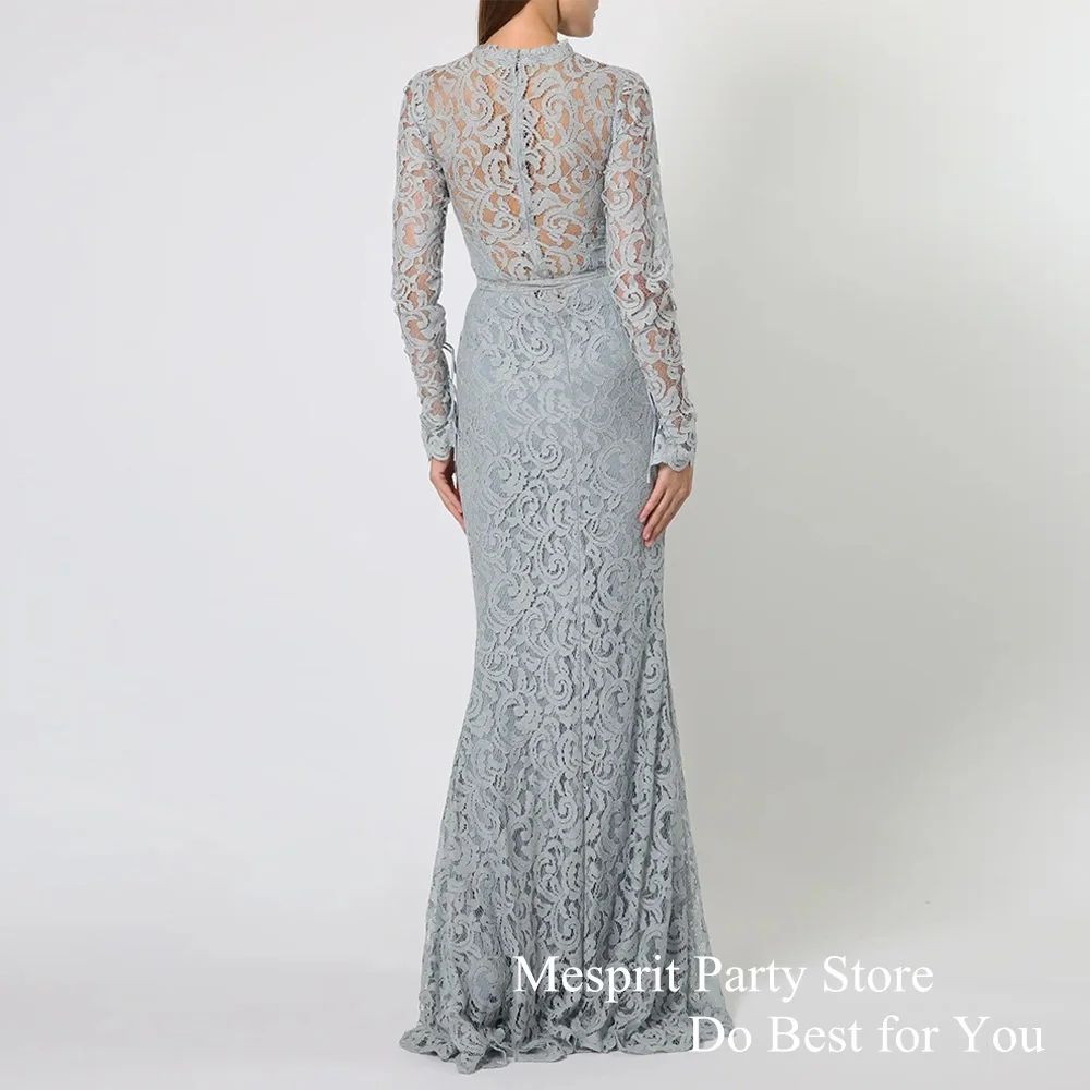 Vintage Lace Mermaid Prom Dress Customized High Neck Long Sleeve Zipper Floor Length Slit Evening Party Gown فساتين حفلة موسي