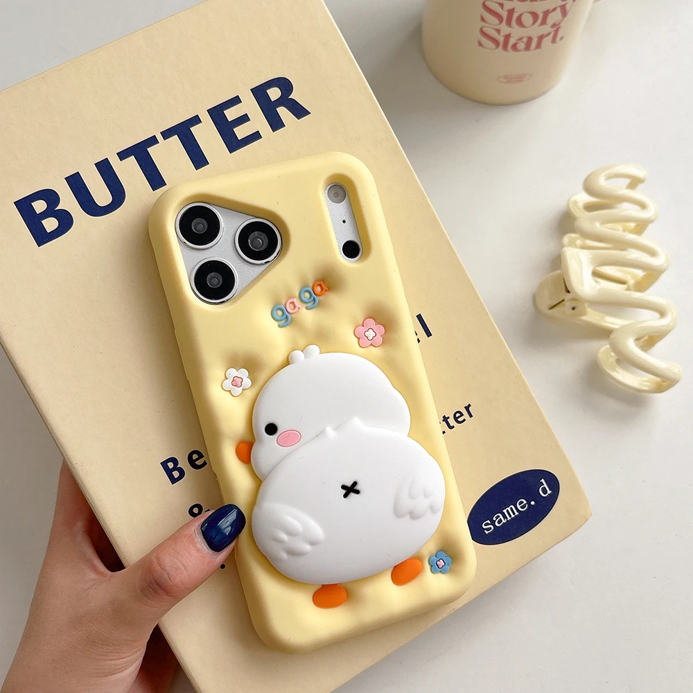 Niedliche 3D-Enten-Handyhülle mit Ständer für iPhone 17 16 15 14 13 12 Pro Max, stoßfeste weiche Silikonhülle mit Halterung – Detail 1