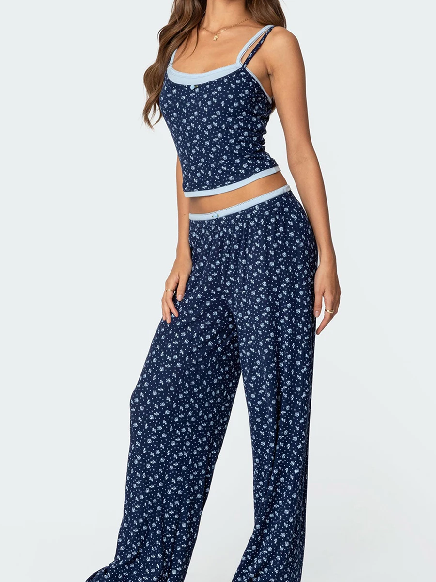 

New Womens 2 Piece Lounge Set Sleeveless Floral Cami Tops Wide Leg Pants Sleepwear Sets Skin Friendly Hot Sale S M L