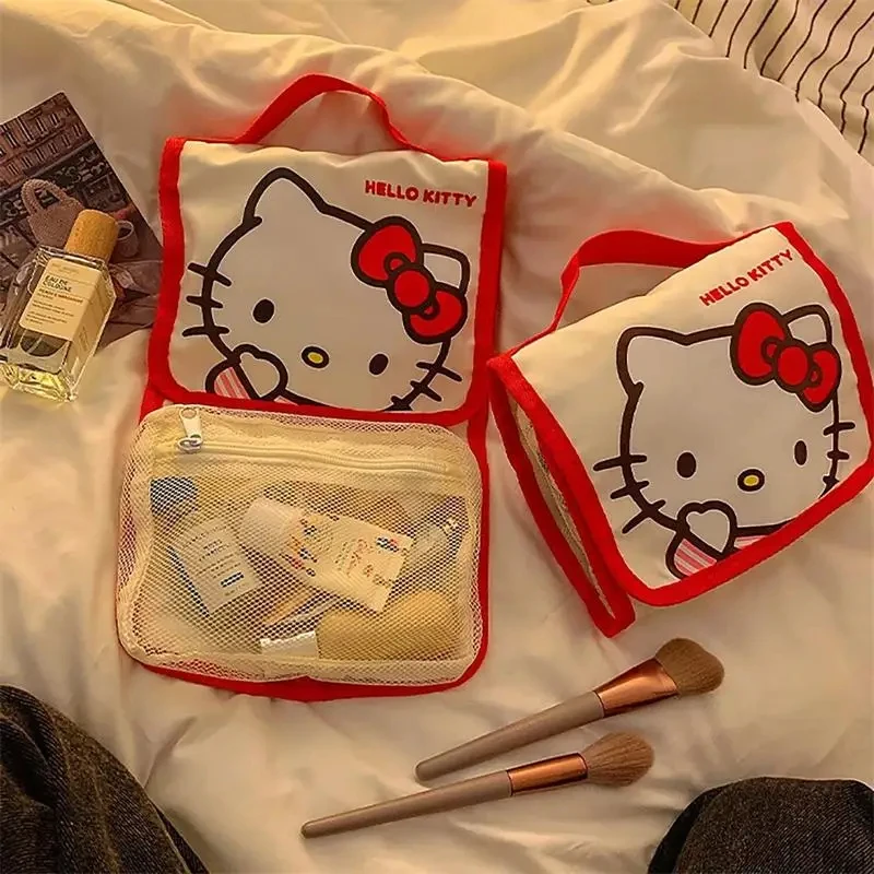 

Sanrio Hello Kitty Cartoon Cute Cosmetic Bag Large Capacity Folding Storage Travel Bag Kawaii Portable Handheld Plaid Bag