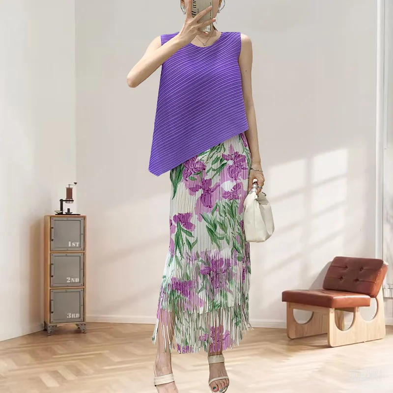 

French Miyake Pleated Fringe Half Skirt Suit Women 2025 Summer New Miyake Fold Temperament Niche Pleat Two-piece Set Clothing