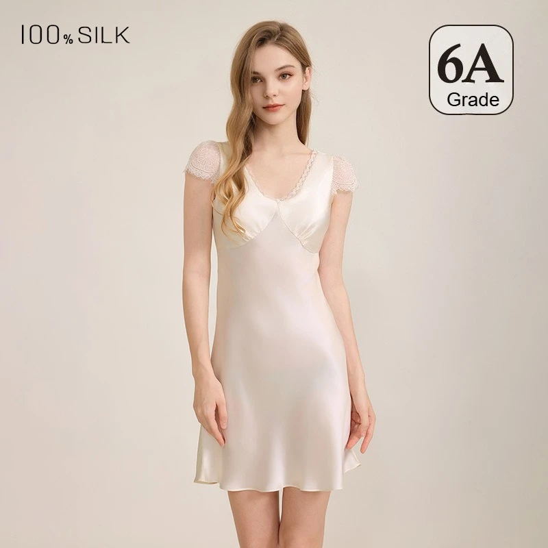 2026 New Women's Sexy Silk Nightgown 100% Mulberry Silk Stylish Sexy Lounge Wear Short Skirt Outdoorwear Sleepwear XXL Size