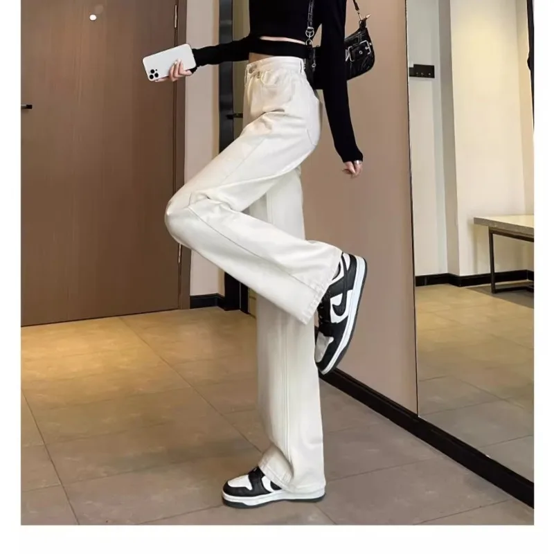 2024 Jeans Women's New Loose Jeans White Narrow Wide Legs Female Fashion Straight High-Waisted Trousers Pants