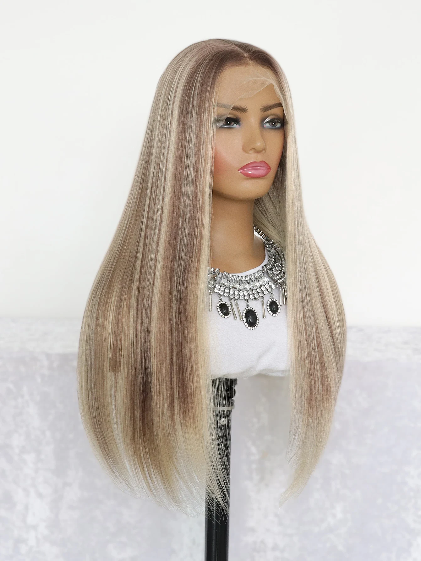 Highlight Brown Synthetic Lace Wigs for Women 13x4 Lace Front Wig Pre Plucked 24 Inch Straight Lace Frontal Wigs Blonde Daily