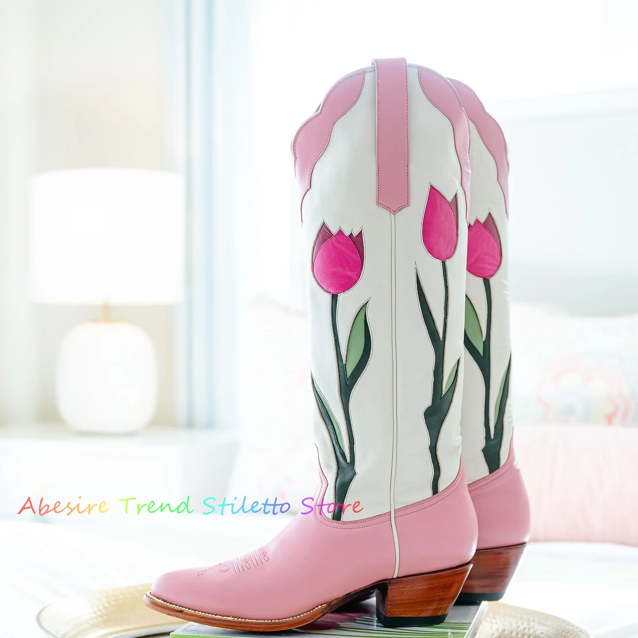 Pink Flower Print Embroidered Chunky Heel Knee High Boots Ladies Leather Wooden Heel Summer New Trending Girls Boots