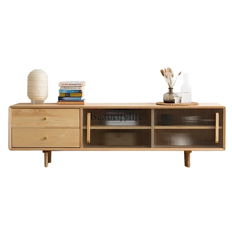 01 -Nordic TV cabinet living room furniture ash wood all solid wood modern simple small apartment log color cabinet