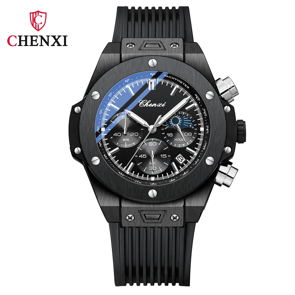 

CHENXI Moon Phase силиконовый ремешок мужские часы модный хронограф кварцевые мужские наручные часы водостойкий календарь мужские часы