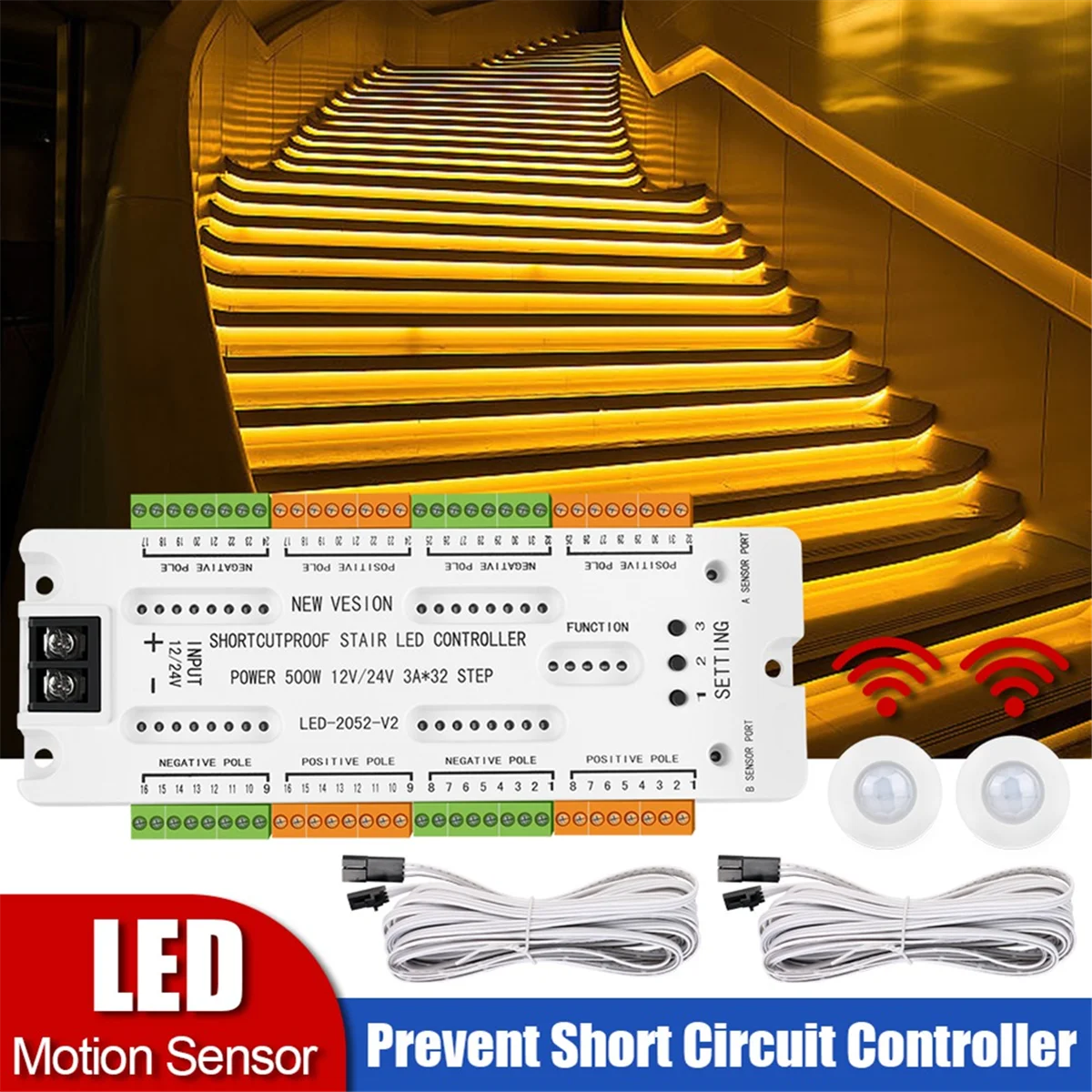 ABZV-Stair LED Motion Sensor Light DC12V/24V Ladder Night Light 32 kanały Zapobieganie zwarciom Kontroler