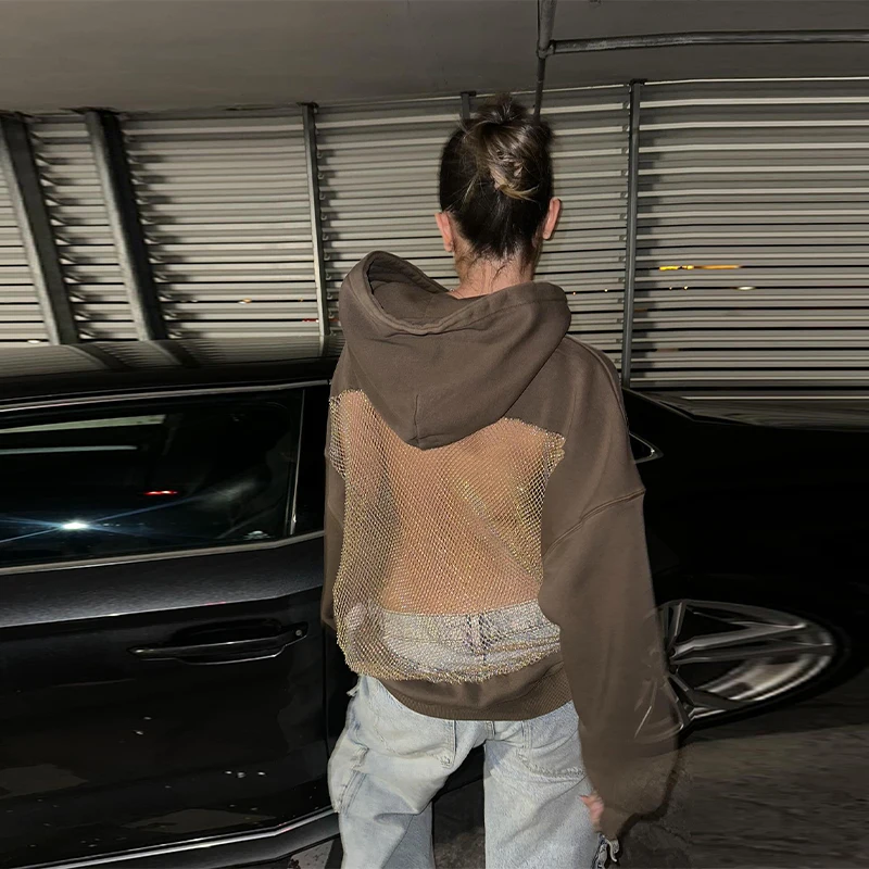 Damska kurtka z kapturem w stylu hip-hop z ażurowej siateczki, gotycka, luźna bluza dresowa w stylu Kpop, modny sweter na ulicę, nowa kolekcja 2025, odzież wierzchnia w stylu Y2k.