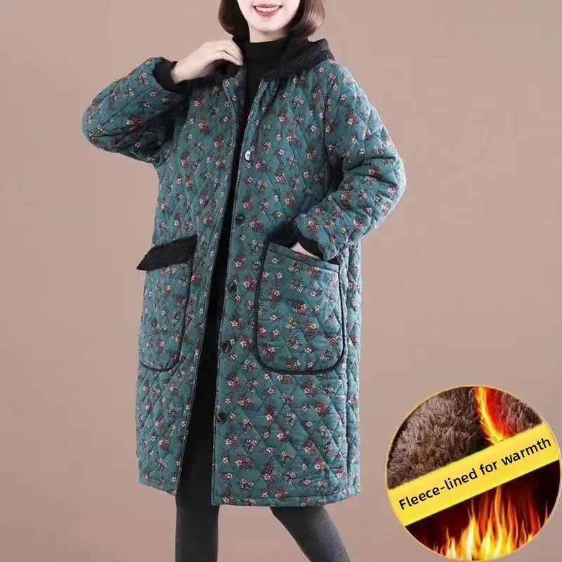 Thiened Warme Baumwolle Jaet Frauen Winter Neue Lose Große Größe Casual Druck Polyester Faser Gefüllt Mantel Mit Kapuze Mid-Länge