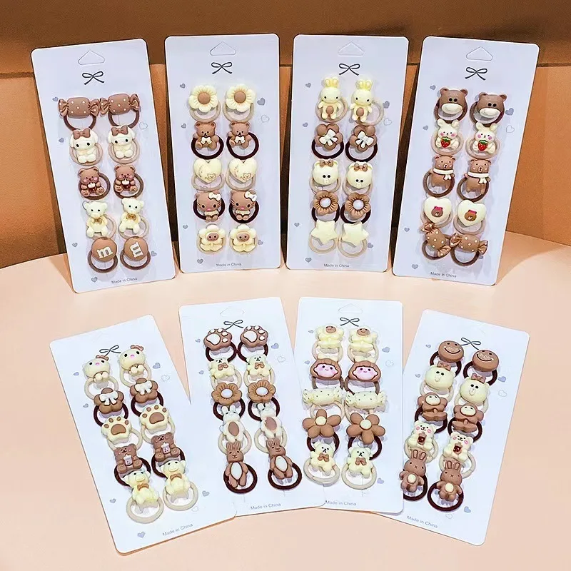 10PCS New Girls Cartoon Aniamls Flowers Small Elastic Hair Bands Children Cute Lovely Hair Tie Rubber Bands Kid Hair Accessories