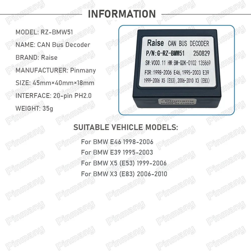 Pinmany Car Android Head Unit CAN Bus Decoder RAISE G-RZ-BMW51 20-pin Black Box for BMW X3 X5 E39 E46 E53 E83