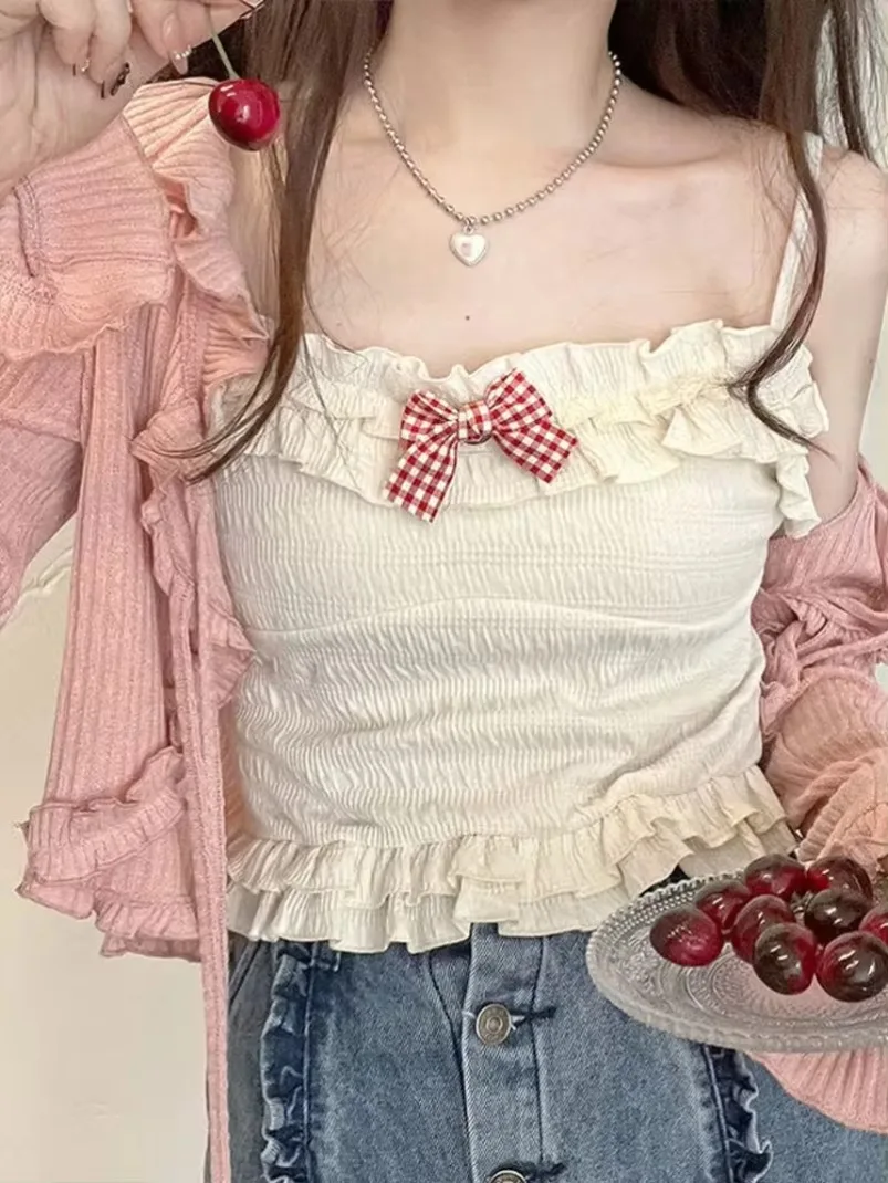 Kawaii Candy Color Crop Top Women Japanese Lolita Sweet New Tank  Boe Ruffle Short Tee Shirt All Match Cute S 2024 Summer