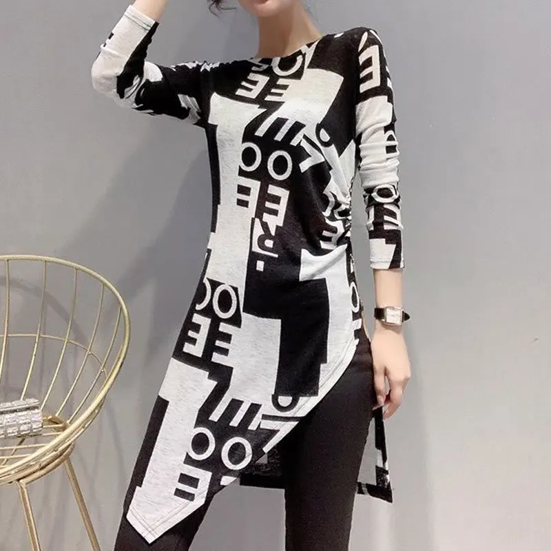 Korean Letter Patchwork Printed T-shirt Spring Autumn Stylish Asymmetrical Folds Female Clothing Casual O-Neck Midi Pullovers