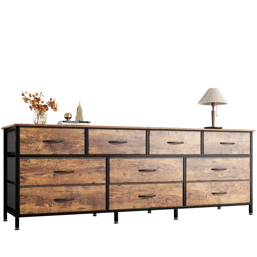 

63 Inch Dresser for Bedroom, Long Dresser with 10 Fabric Drawers, TV Stand for 55, 65, 70 Inch TV, Toy Storage Organizer for Cl