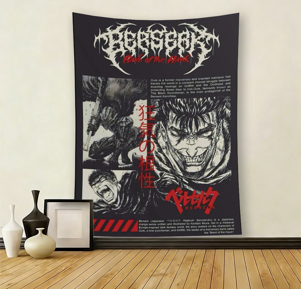 Berserk Anime Wandteppich, Guts Black Swordsman Retro Manga-Druck, strapazierfähige Polyester-Wanddekoration für Schlafzimmer, Gaming-Raum, Wohnheim