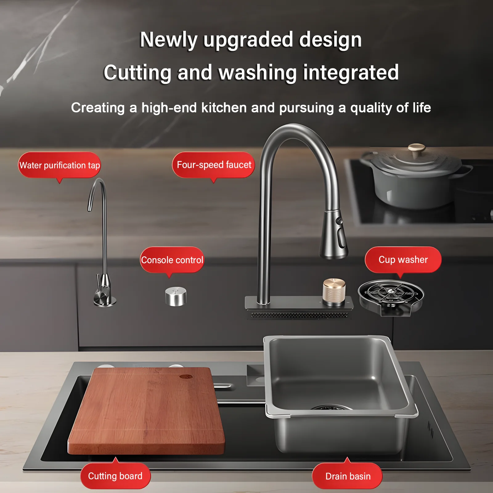 Creative Smart Kitchen Sinks for Apartments Modern Metal Multi-functional Sinks Luxury Household Kitchen Sinks for Rental Houses