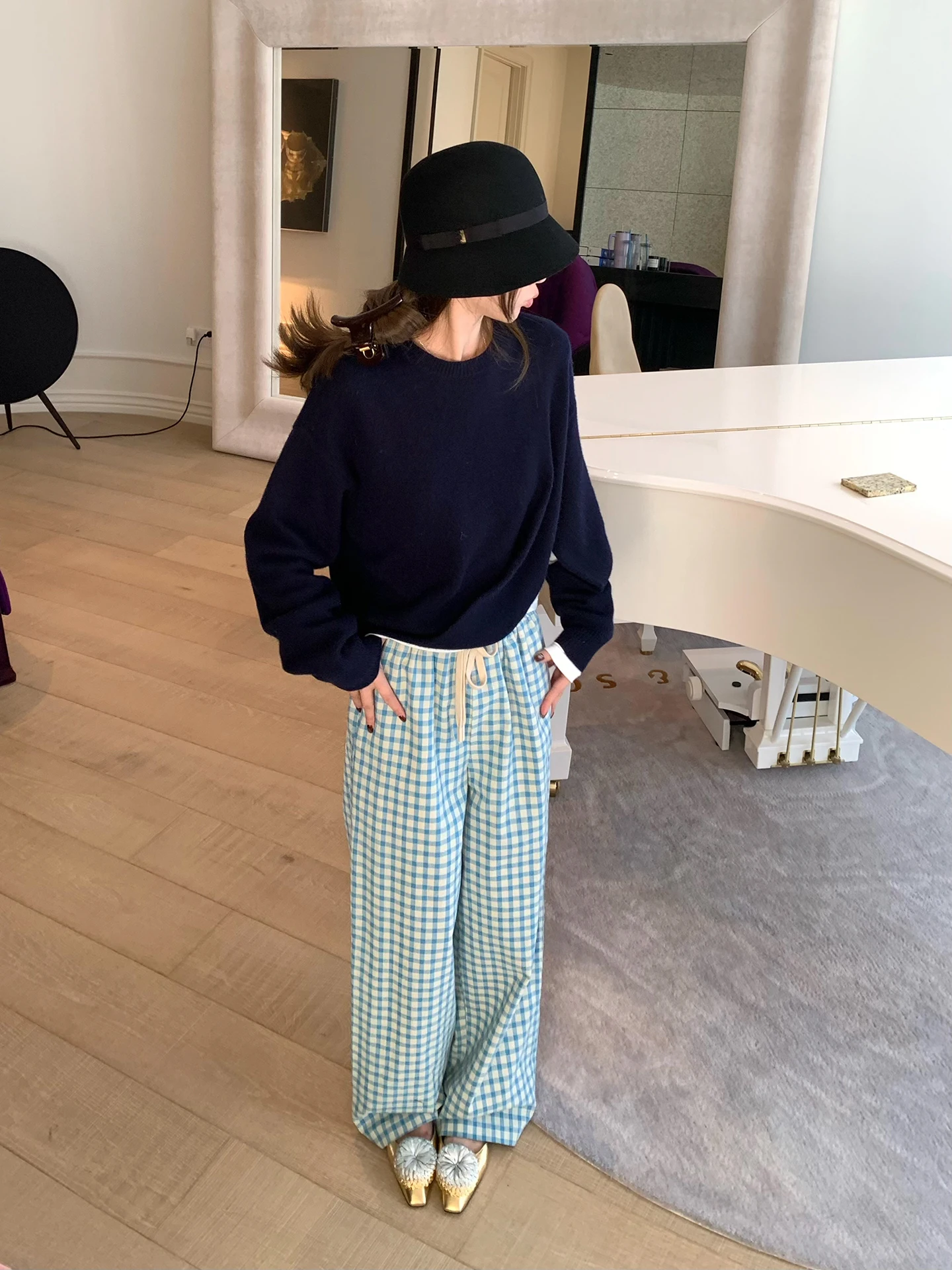 

VCruan Blueberry Souffle Pure Cotton Plaid Pants Straight Leg Casual Trousers for Women Commute Sle Winter Season