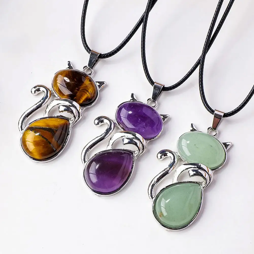 Natural Stone Pendant Cute Cat Pendants Suspension for Girl Amethyst Tiger Eye Green Aventurine Pink Crystal Reiki Jewelry