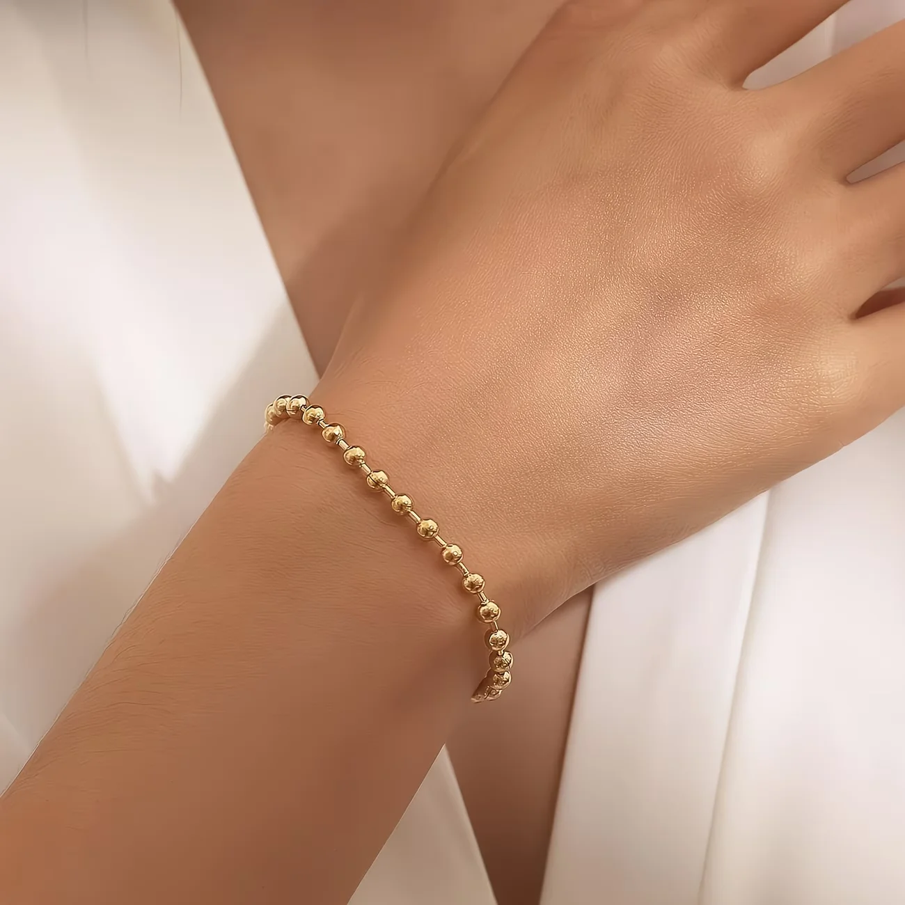 Stainless Steel Gold Plated 18K 4mm Round Beaded Chain Bracelets for Women Simple Fashionable Jewelry School Party Accessories