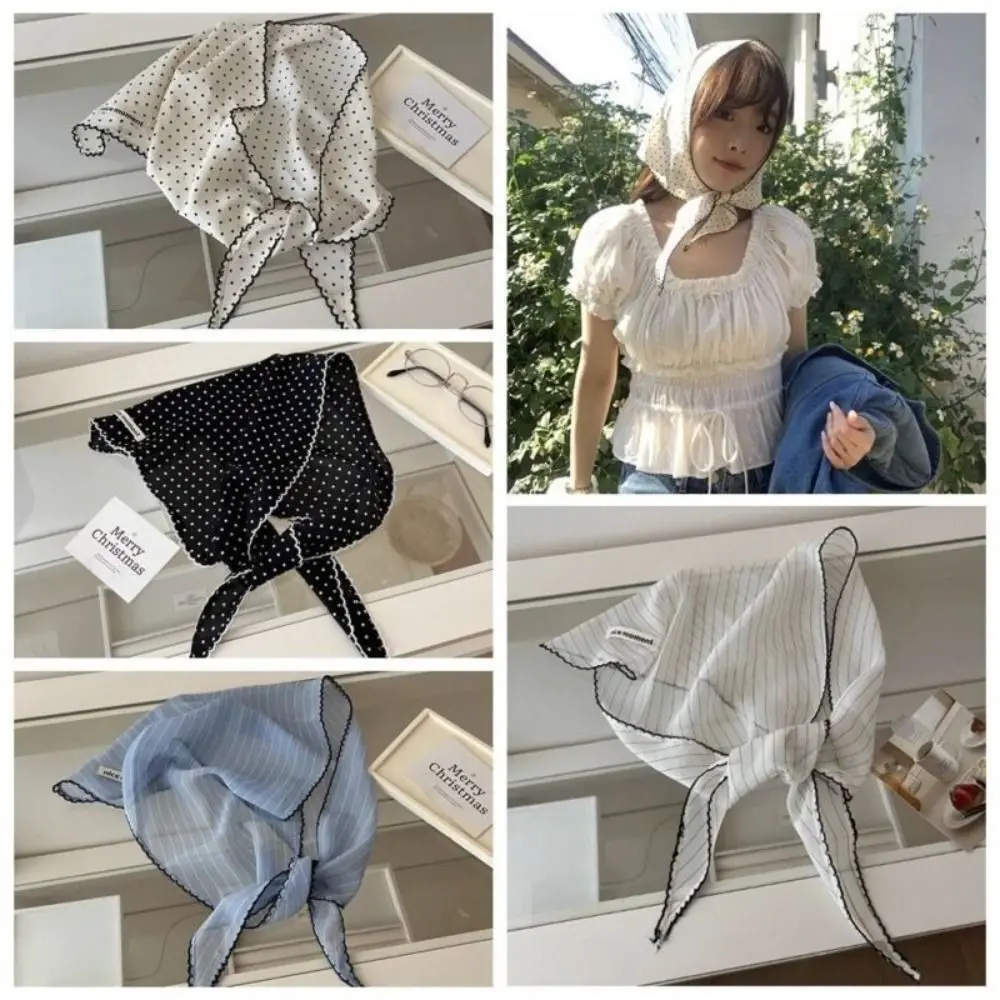 

Модная шелковая треугольная повязка для волос, дышащая солнцезащитная повязка на голову в горошек, универсальный солнцезащитный шарф с точечным принтом, дорожный шарф