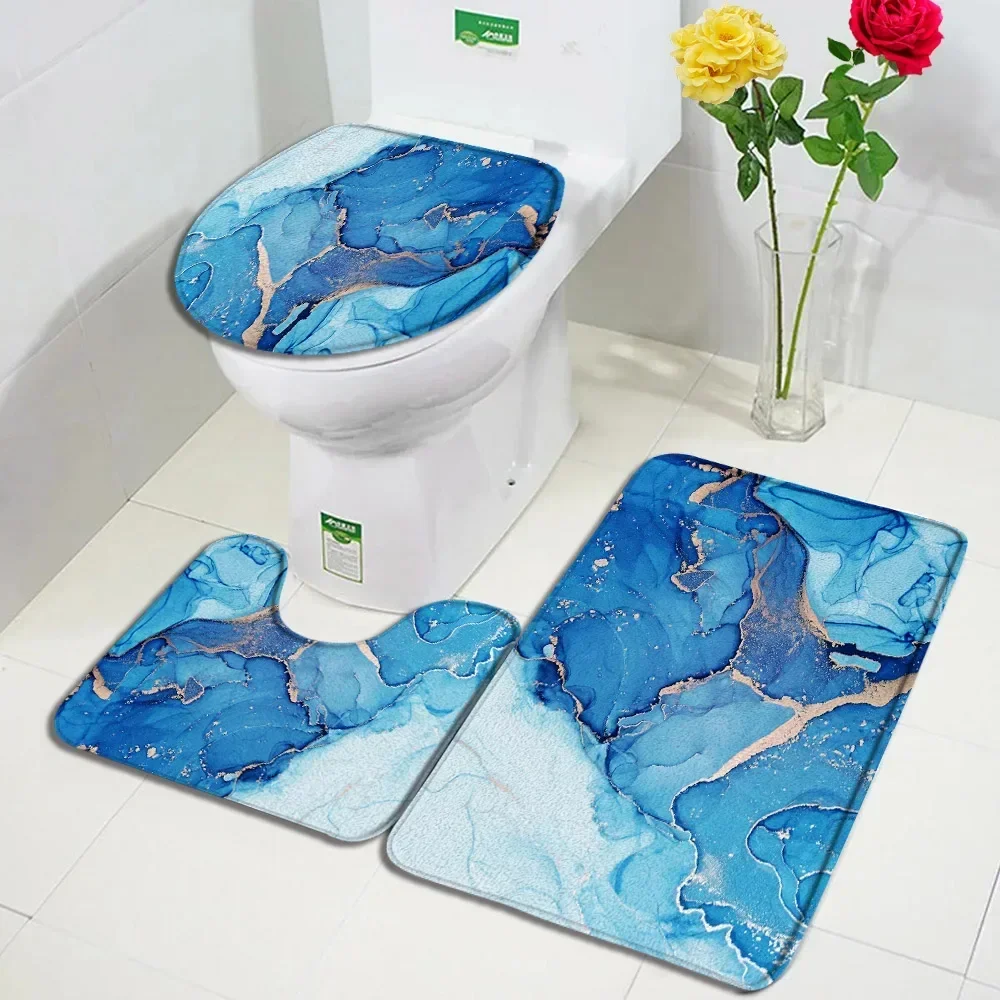 Abstract Marble Bath Mat Set Pink Blue Line Textured Modern Home Floor Carpet Bathroom Decor Anti Slip Rugs Toilet Lid Cover