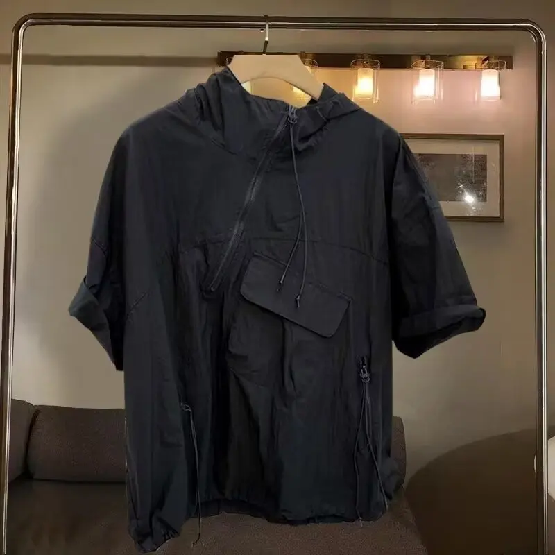 Mens Hooded Short Sleeve Drawstring Pocket Casual Shirt