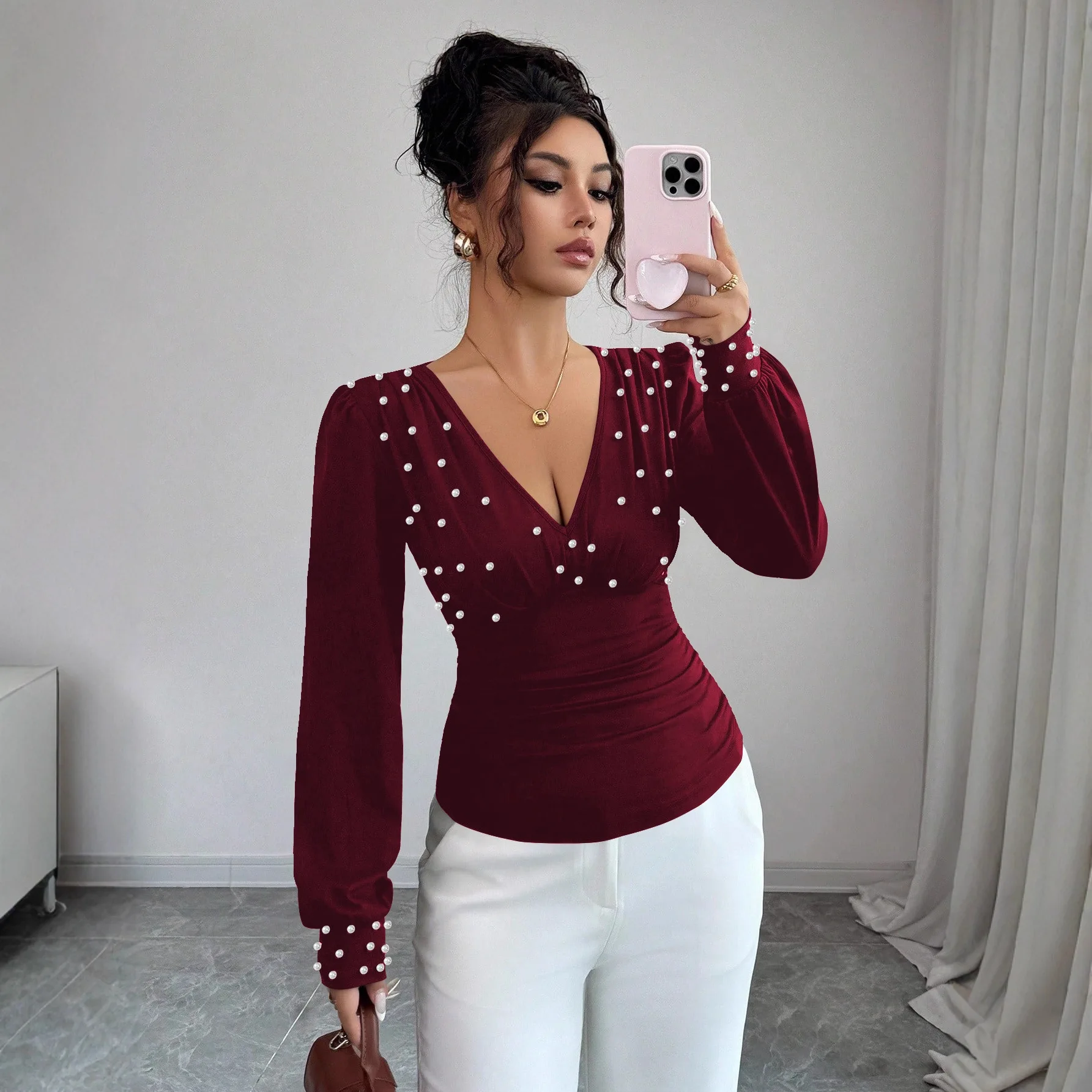 

2025 New Fashion Slim Beaded Bell Sleeve Shirt Women Autumn Sexy Elegant Solid Color V-neck Long Sleeve Top For Women