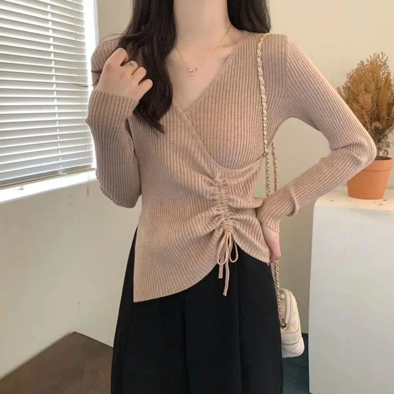 Shirring Fashion Women Sweaters 2024 Knit Top Autumn Winter Pullovers Knitwears Long Sleeve Clothes Solid V-neck Ladies Sweater