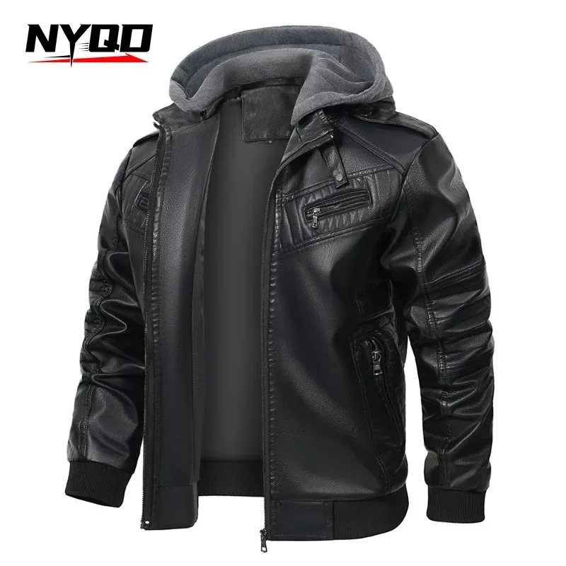 

Autumn/Winter Detachable Hooded PU Leather Jacket Collar Chain Leather Jacket Men's Coat Chaqueta Moto Hombre Invierno