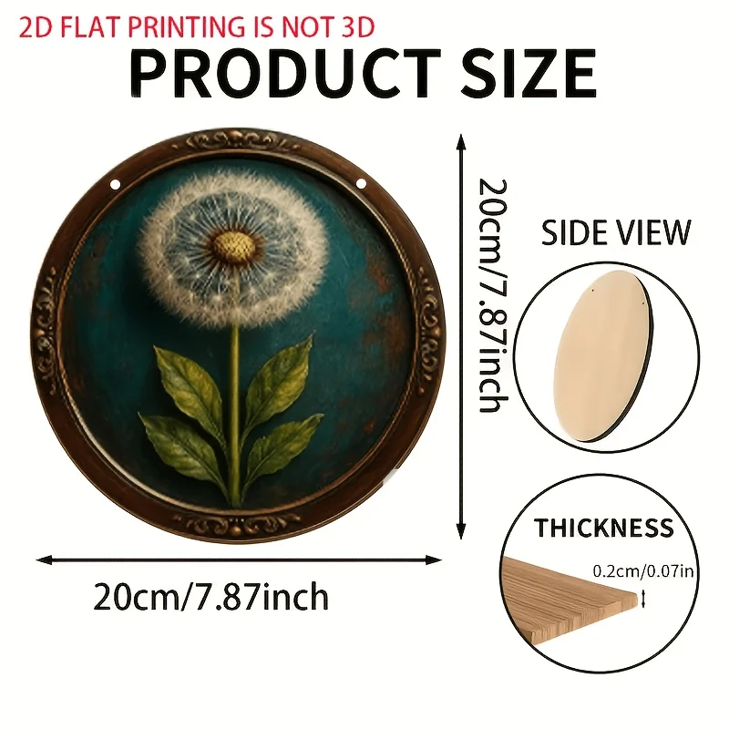 2D Flat, 1pc Vintage Round Wooden Dandelion Wall Decor - Teal Green & Golden Frame Suitable for Indoor/Outdoor, Wood Suitable fo