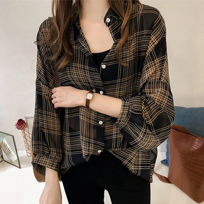 Loose Long Sleeve Women's Shirt Korean Style Chiffon Checkered Base Layer Top Button Detail Lantern Sleeve Neck Design