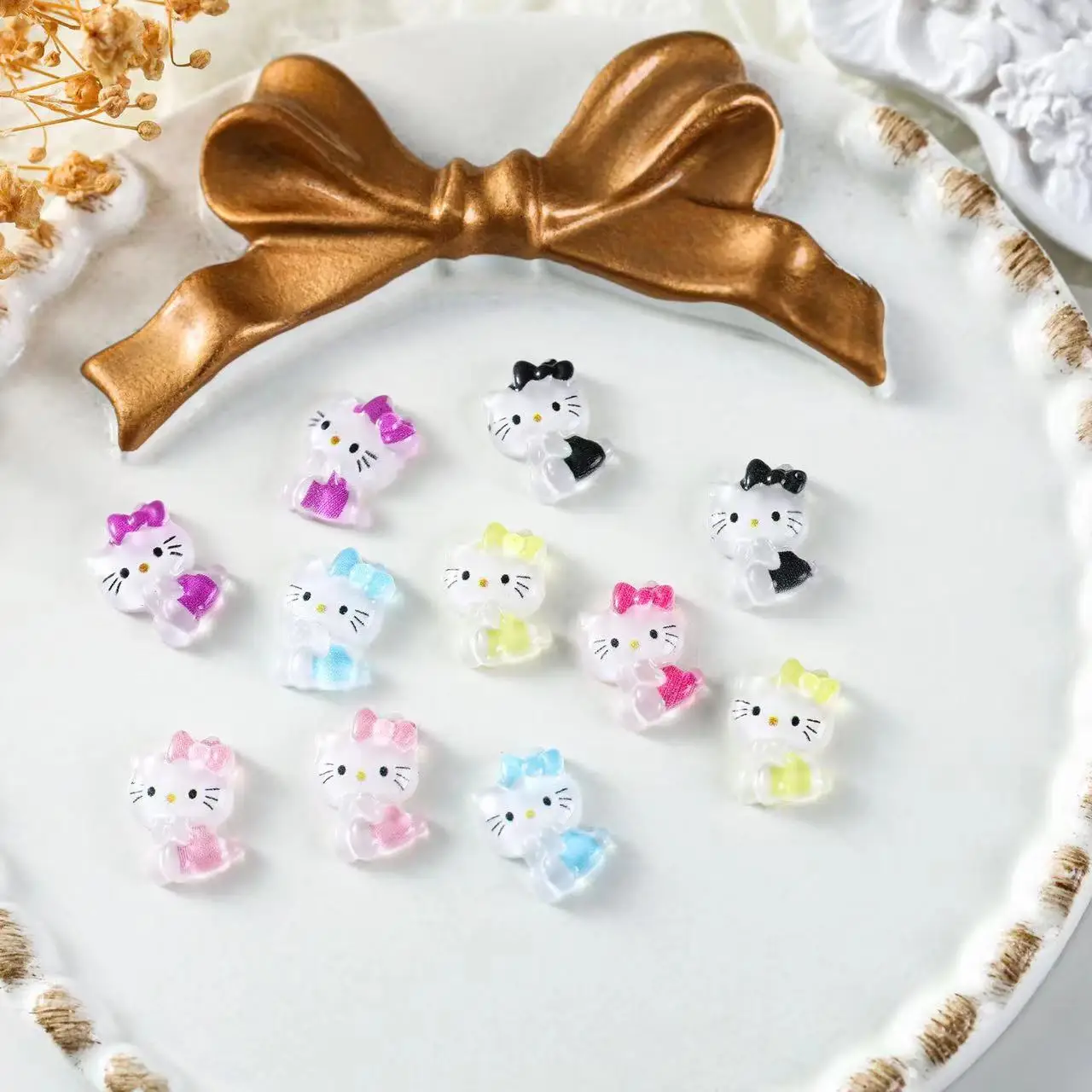 30pcs Colorful Resin Glitter Mini Crystal Cute Bowknot Cat Nail Flatback Rhinestone Appliques DIY Scrapbook Decor Accessories