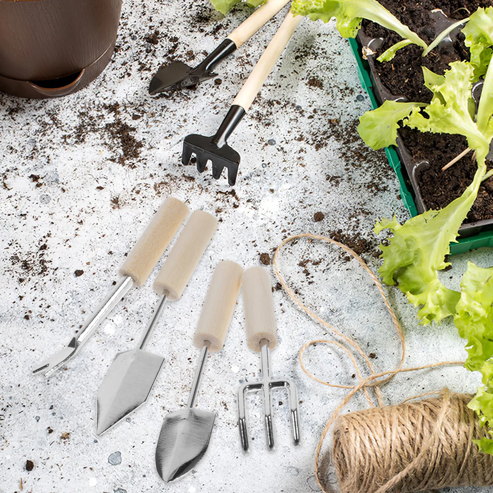 

4Pcs Mini House Garden Tools Sturdy Lightweight Zinc Alloy Wood Miniature Gardening Accessories for Dollhouse Decoration