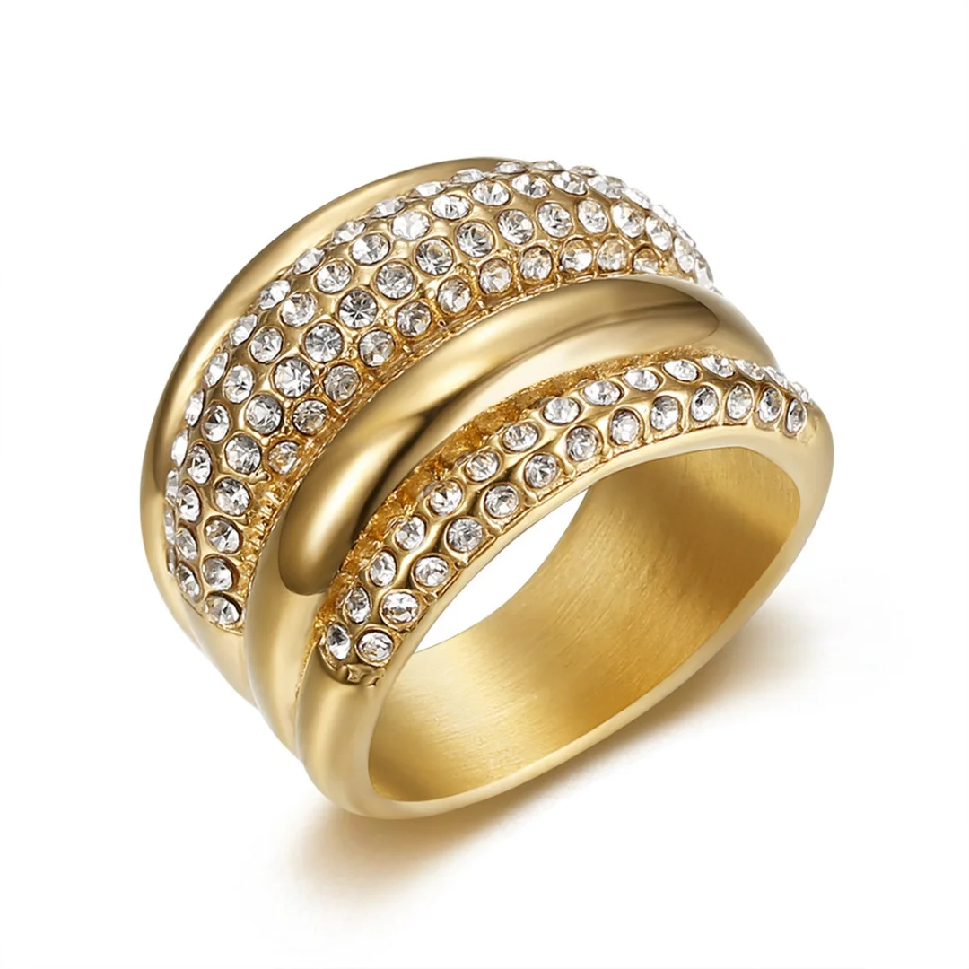 

Women's Ring 18mm Chunky Gold Color Stainless Steel Iced Out Crystal Zirconia Finger Rings for Woman Party Jewelry High Quality