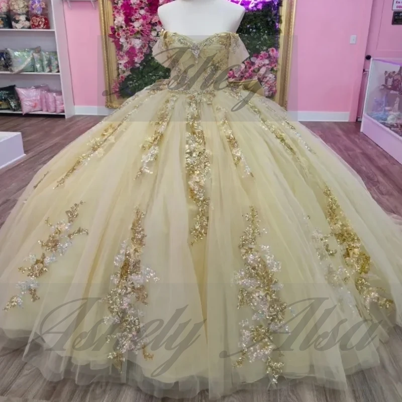 A32821 Luxuriöses mexikanisches Frauen-Geburtstagspartykleid für besondere Anlässe, Blumenapplikation, Schleife, geschwollener Abschlussball, Quinceanera, individuell gestaltet