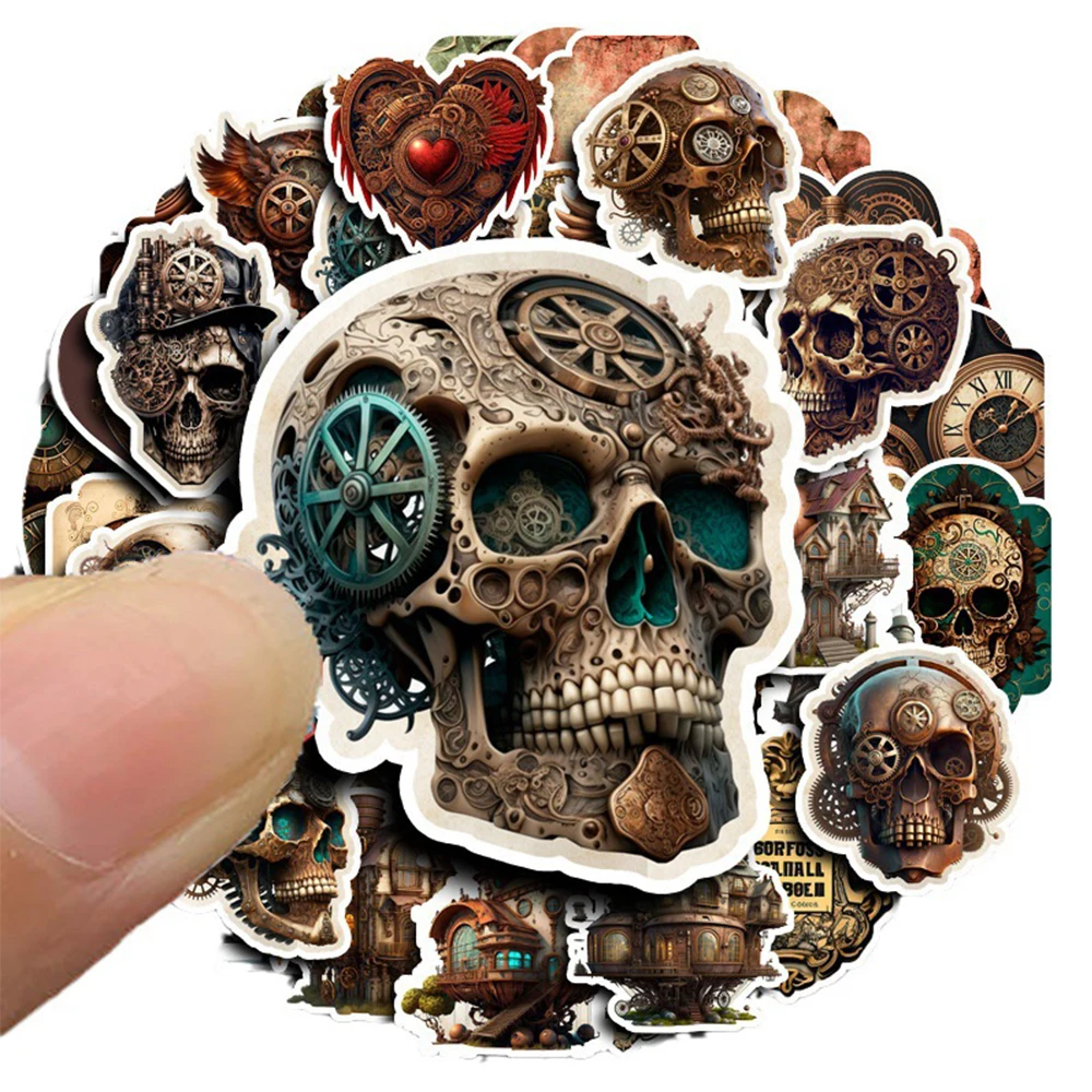 10/30/50PCS Retro Steampunk Mechanical Gear Skull Stickers Cool Graffiti Phone Laptop Skateboard Waterproof Vintage Sticker Pack