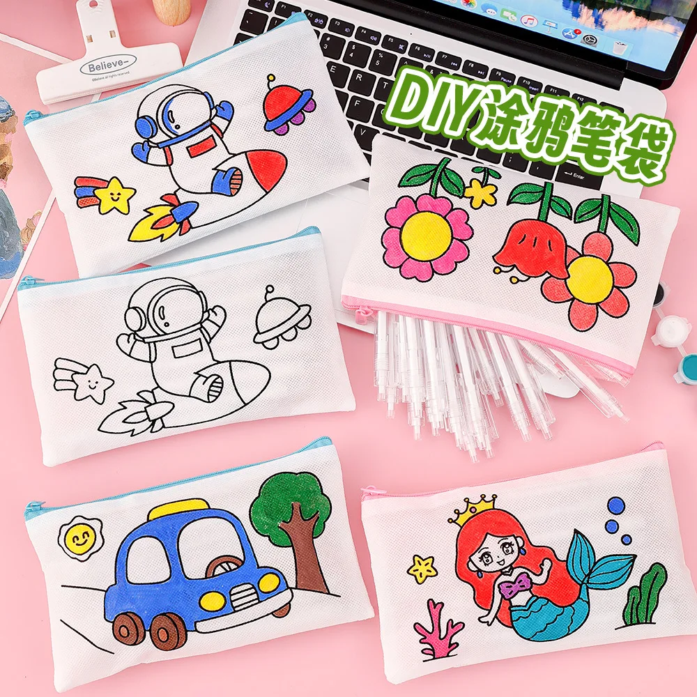 New Color Your Own Pencil Case Cute Rabbit Car Coloring Pencil Bags for Kids Birthday Stationery Pouch Zipper Bag Party Favors