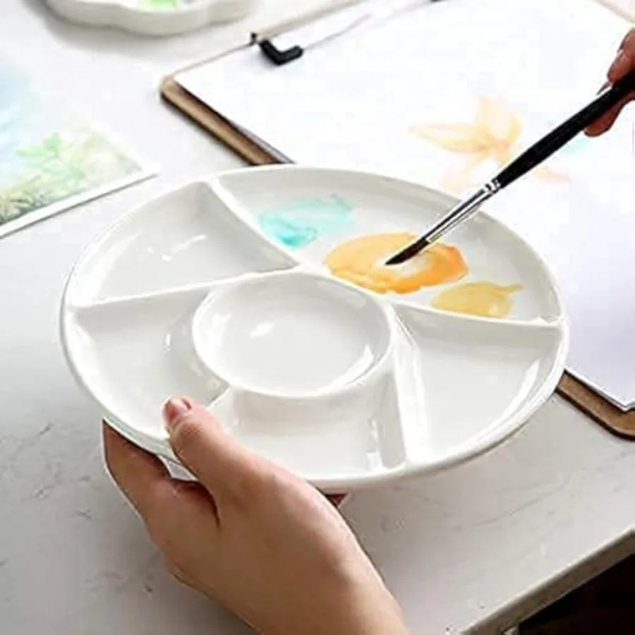 

Ceramic Artist Paint Pallet, Tray, Palette, Easy to Clean Porcelain Mixing Tray for Watercolor Gouache Painting, 6 Wells, 8 inc