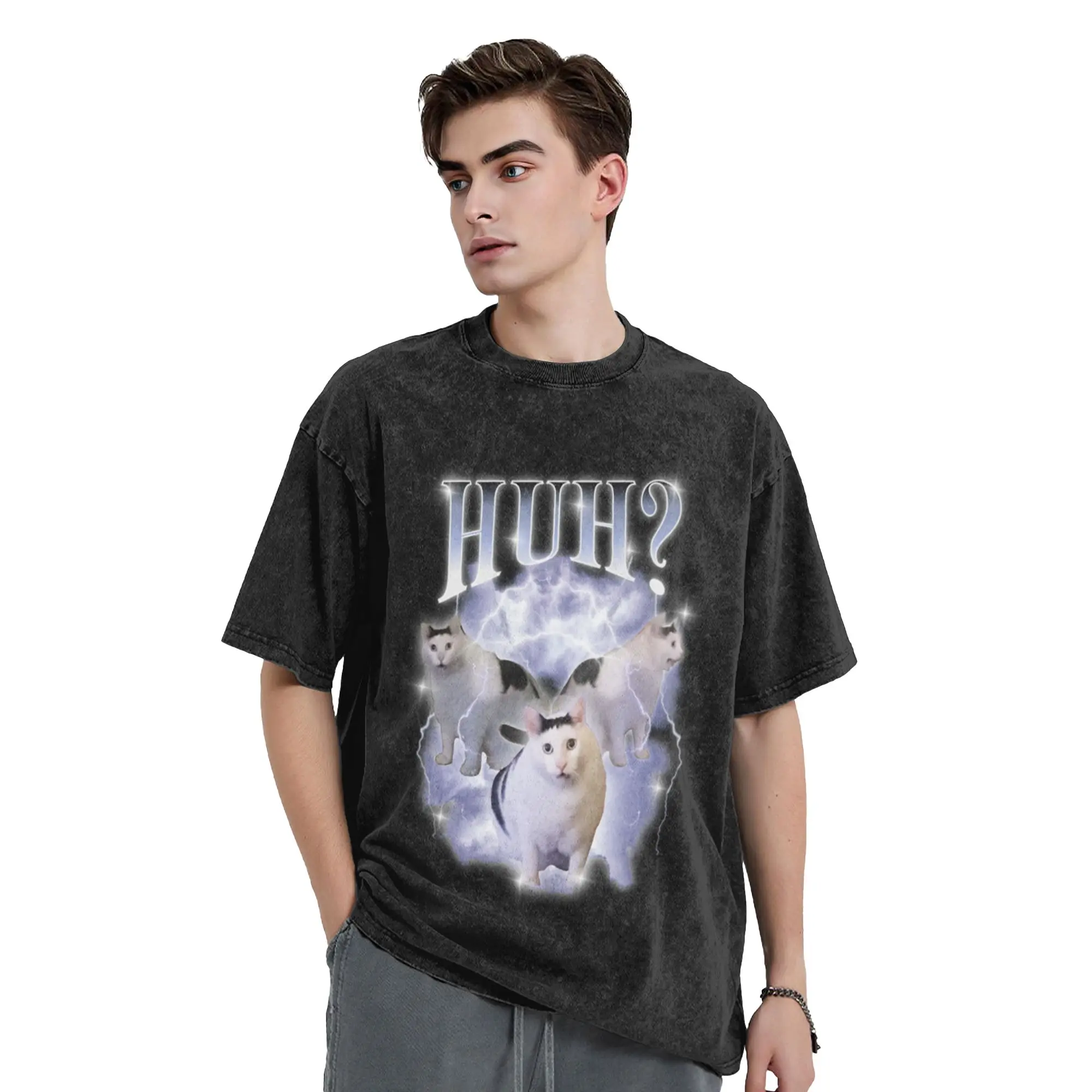 Huh Cat Chonky Ben Meme Bootleg Rap 90s Vintage Classic Comfort A Washed T Shirt Men's Women's Oversized Cotton Tees Tops