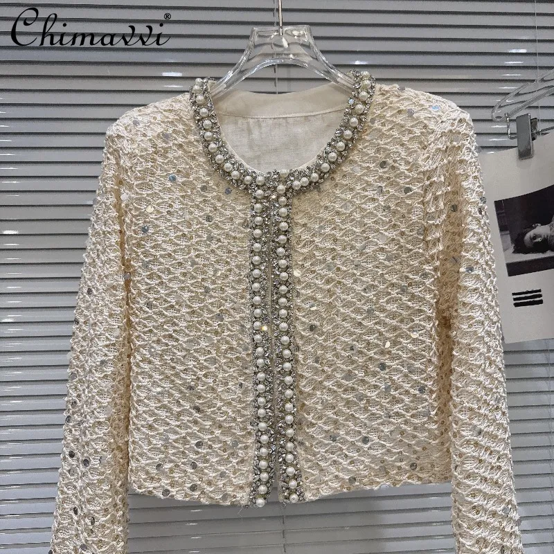 

2026 Spring New French Style Pearl Trimmed Cutout Sequin Jacket Fashion Slim Elegant Women's Mesh Heavy Cropped Outerwear Top