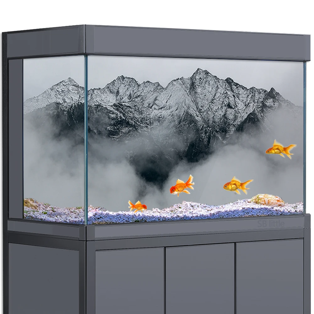 Aquarium Background Sticker Decoration for Fish Tanks, Gray Mountain Fog HD 3D Poster Self-Adhesive Waterproof