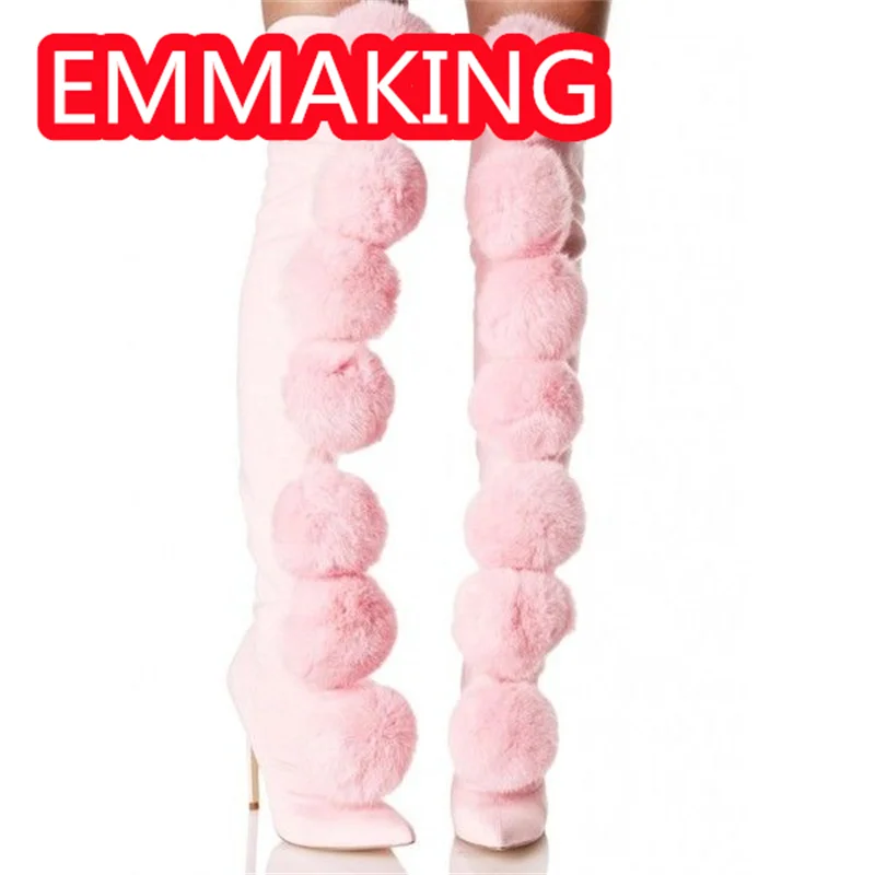 كرات كبيرة رقيق أشار تو حذاء برقبة للركبة الشتاء النساء 2024 نسيج مرن موضة الانزلاق على الجوارب الطويلة ضئيلة مثير حجم 44