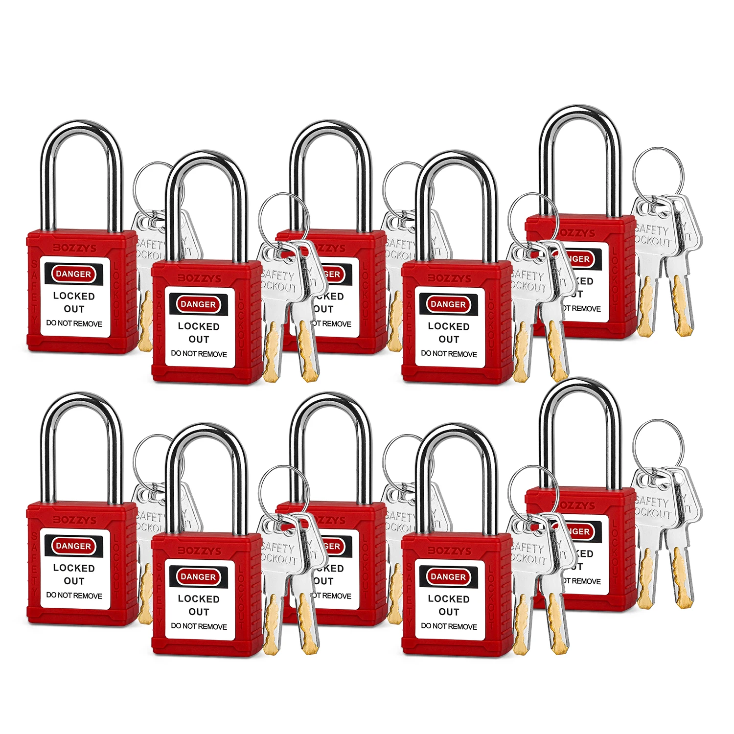 

Lockout/Tagout Nylon Safety Padlock Set-10 Pack,Steel Shackle,Zinc alloy cylinder,Keyed Different,2 Keys per Lockout Padlock