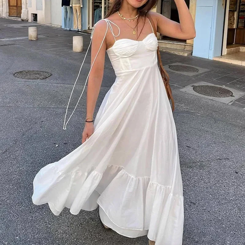 

Goddess Glow White Corset Maxi Dress - Sleeveless Ruffle Slip Dress with Sexy Backless Design, Summer Beach Party Evening Gown