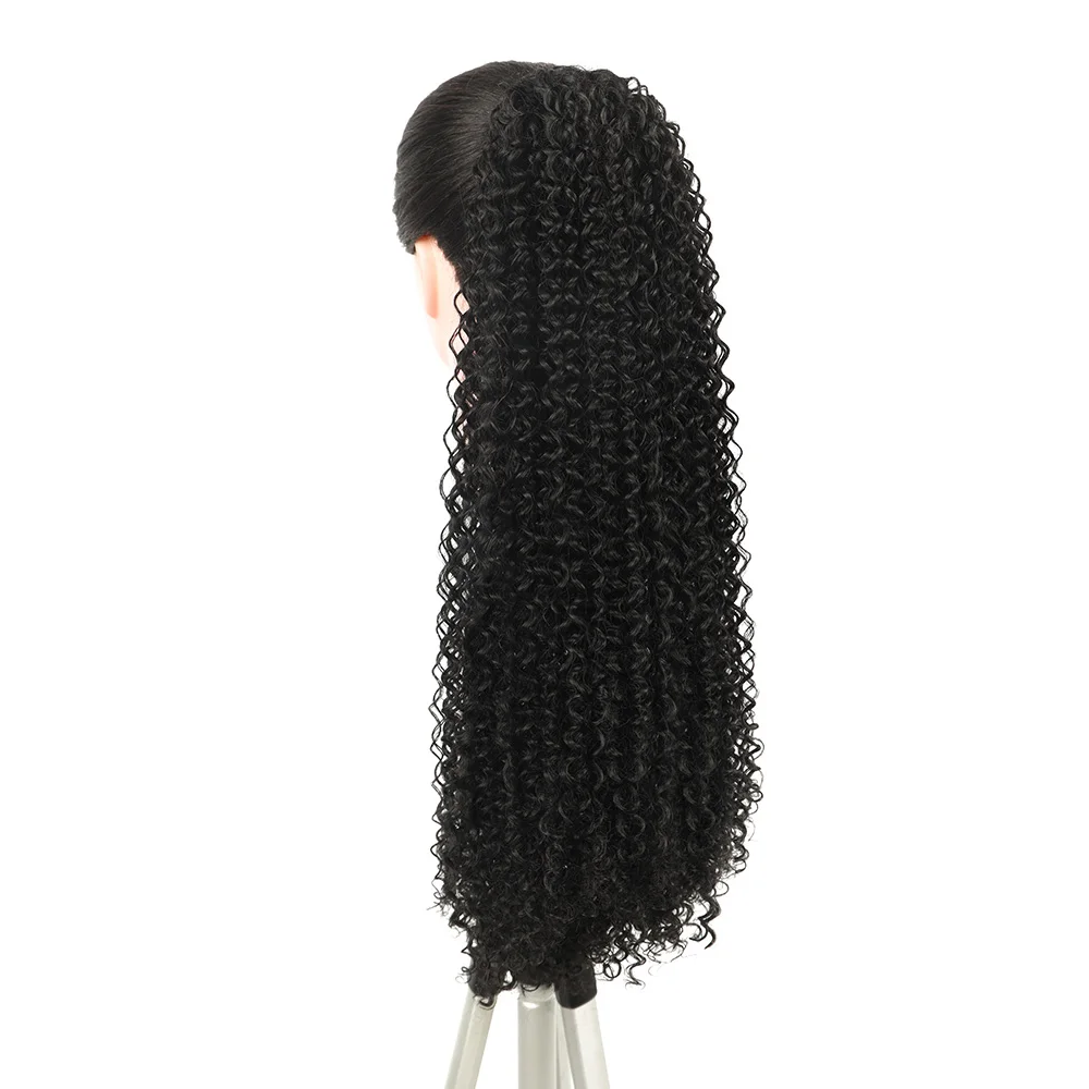 24Inch Kinky Curly Ponytail Soft Synthetic Hair Extension Drawstring Ponytail Hairpieces Black Fake Pony Tail for Women