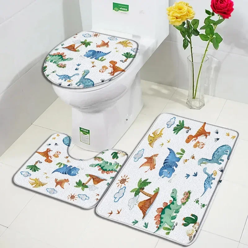 Keset mandi dinosaurus kartun Set hewan lucu tanaman tropis pohon kelapa kaktus karpet anak-anak dekorasi kamar mandi karpet lantai penutup Toilet