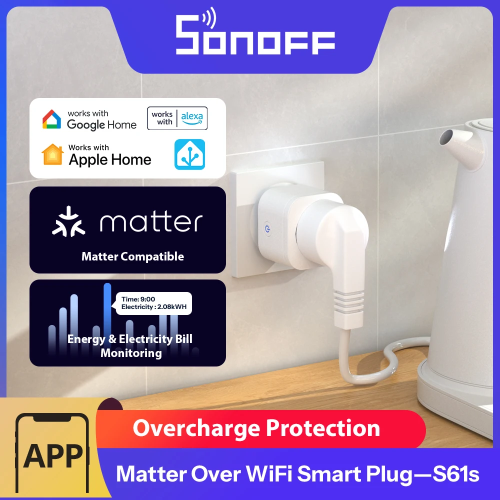 

SONOFF S61STPF EU 16A iPlug Matter WiFi Smart Socket Overload Protection EWeLink APP Voice Control For Alexa Google Home HomeKit
