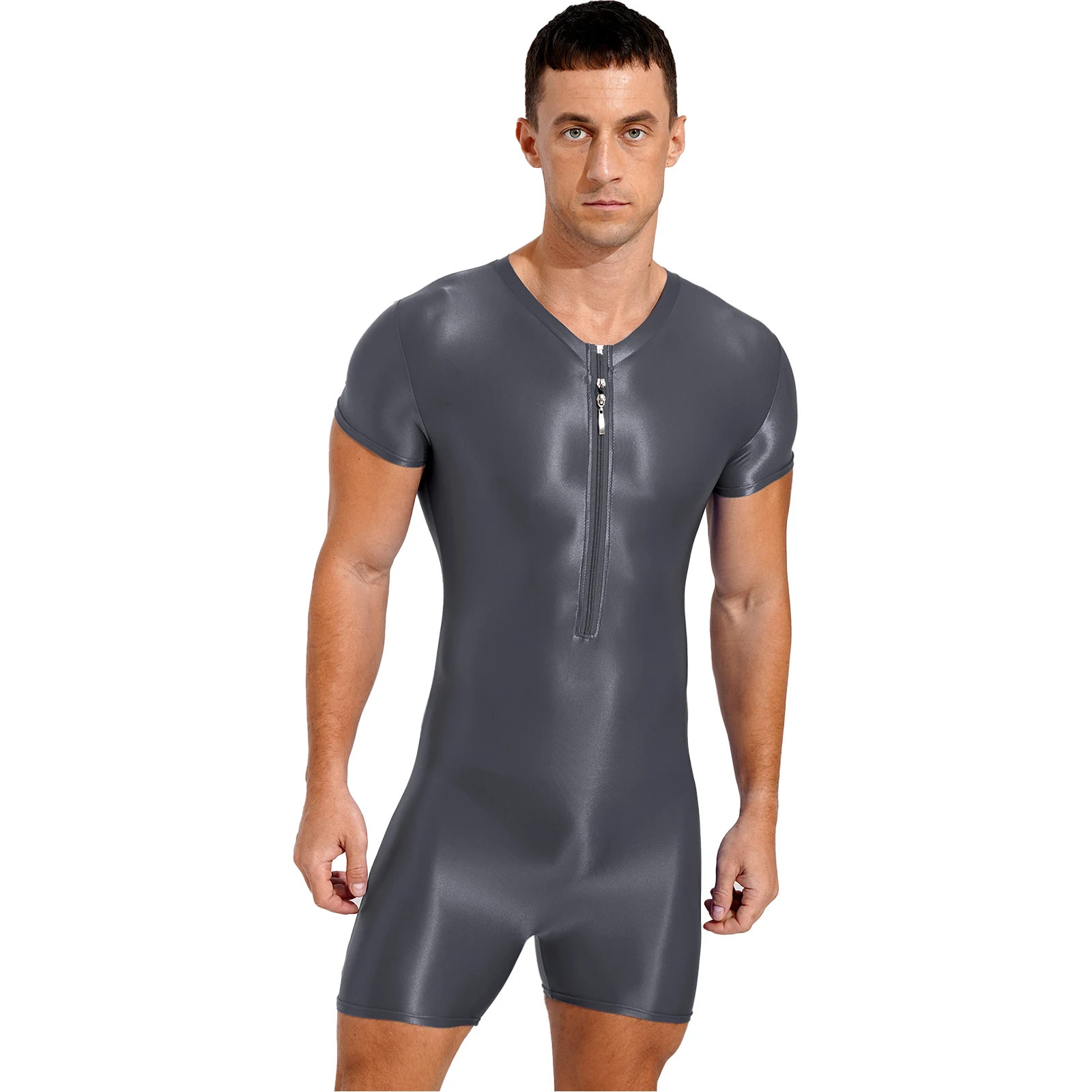 Mens Swimsuit One-Piece Swimwear Glossy Zipper Bodysuit Stretchy Round Neck Fitness Short Sleeve Swimming Jumpsuit Leotards